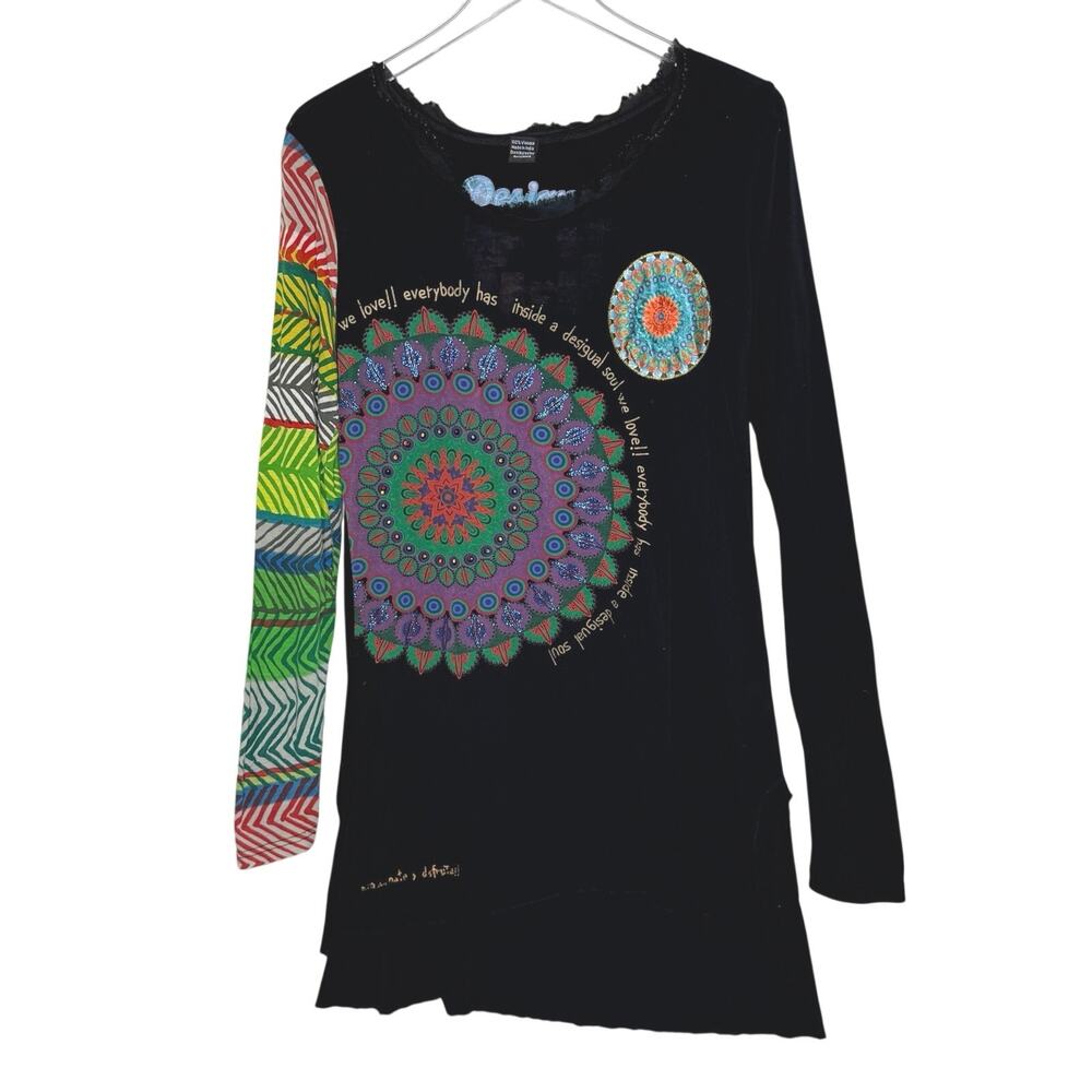 Desigual Black Long Sleeve Tunic XL Multicolored Mandala Print Contrast Sleeves